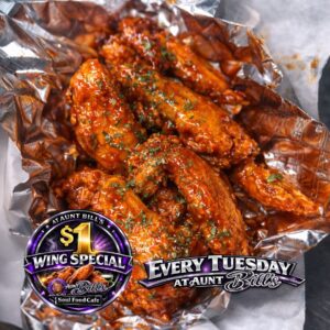 $1 chicken wings at Aunt Bill’s Soul Food Cafe in Katy TX every Tuesday