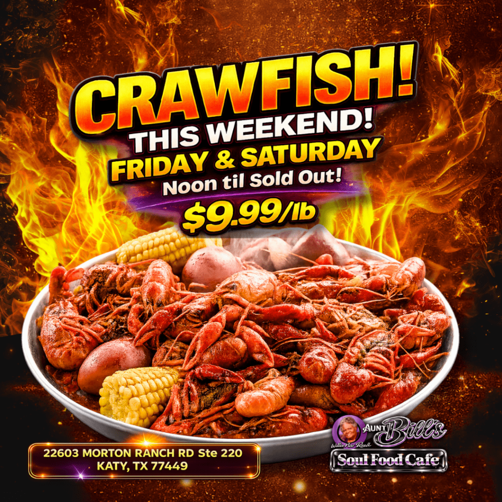 Fresh boiled crawfish with corn and potatoes at Aunt Bill's Soul Food Cafe in Katy TX during crawfish season