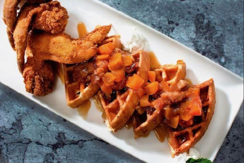 Peach Cobbler Waffles & Chicken Wings