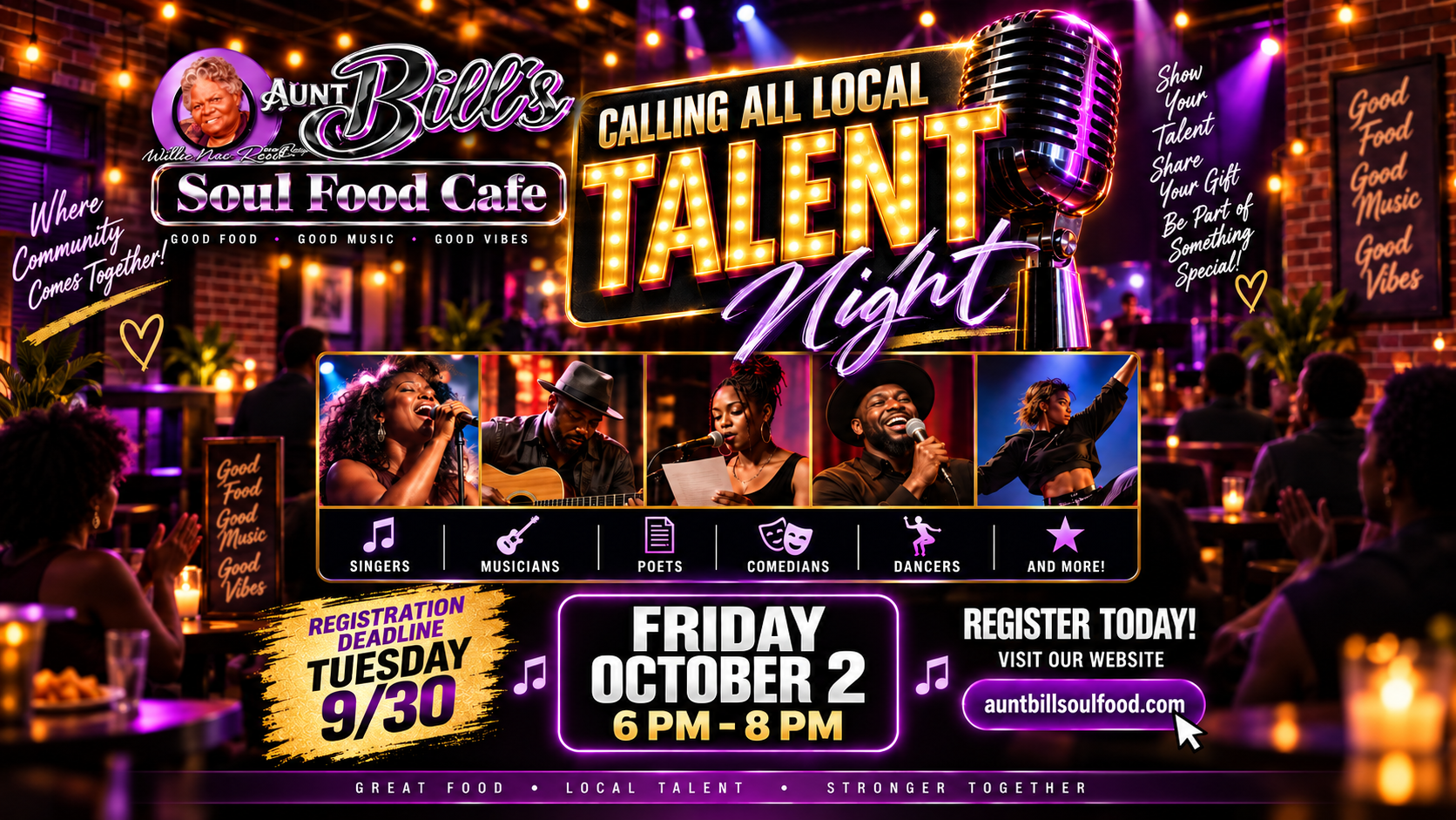 Aunt Bill’s Soul Food Cafe Talent Night in Katy, TX on Friday, October 2 from 6–8 PM, featuring local singers, musicians, poets, comedians, dancers and more.